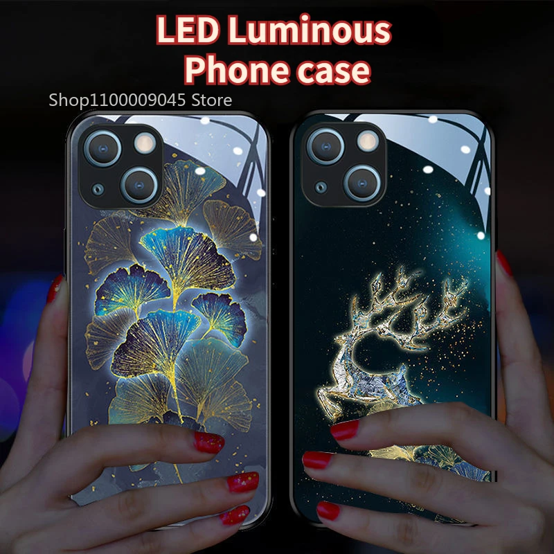 

Ginkgo Leaf Elk Voice Controlled LED Light Glass Luminous Phone Case For Samsung S24 S22 S23 Note 20 10 A73 A54 A14 Plus Ultra