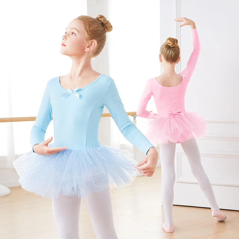

Детские балетные трико для девочек, балетное боди с бантом, розовые танцевальные трико, гимнастический купальник, танцевальная пачка, многослойные тюлевые юбки