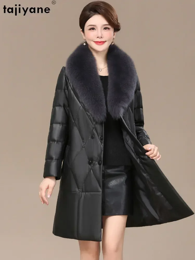 Tajiyane Genuine Leather Down Jacket Women Winter Warm Mid-length Sheepskin Coat OL Duck Down Coats for Women Fox Fur Collar SGG