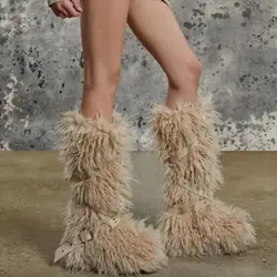 Women Fur Boots Winter Luxury Fluffy Furry Faux Fur Snow Boots Woman Lace-up Platform Knee High Boots Pink Ski Boots