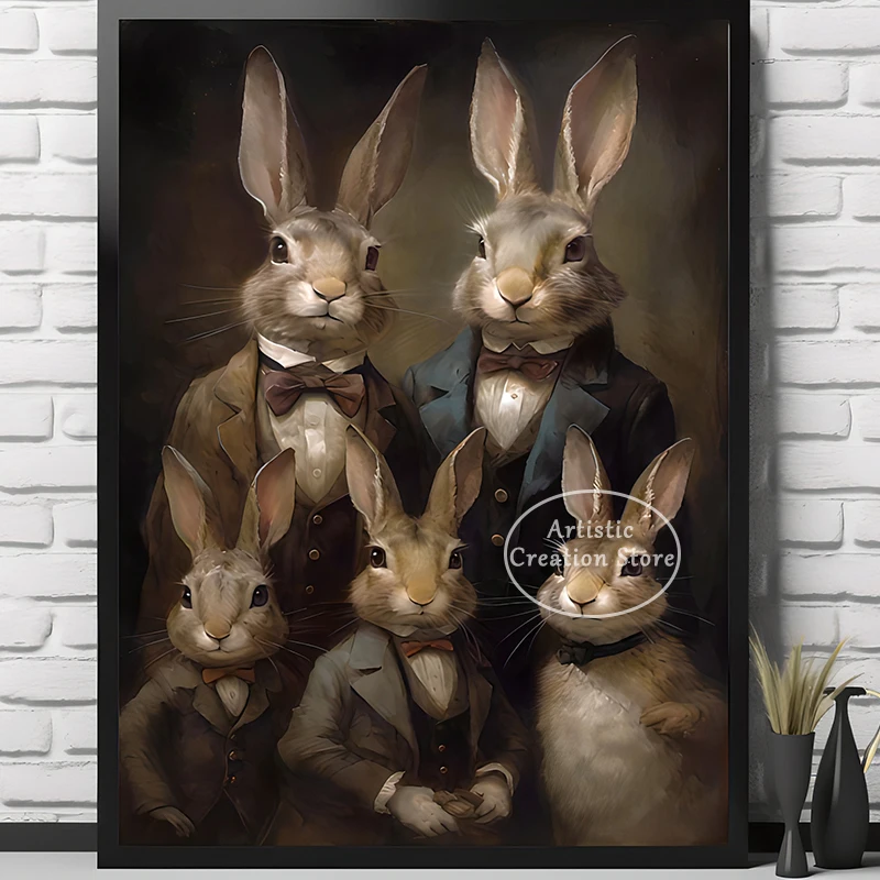 Easter Victorian Rabbit Family Print Canvas Painting Vintage Spring Bunny Wall Art Picture for Bedroom Living Room Home Decor