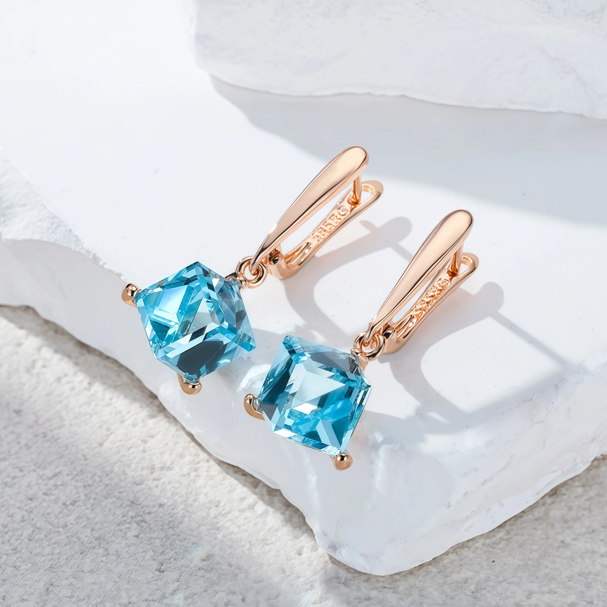 Wbmqda Cube Blue Stone Women's Long Drop Earrings 585 Rose Gold Color Luxury Wedding Jewelry Accessories