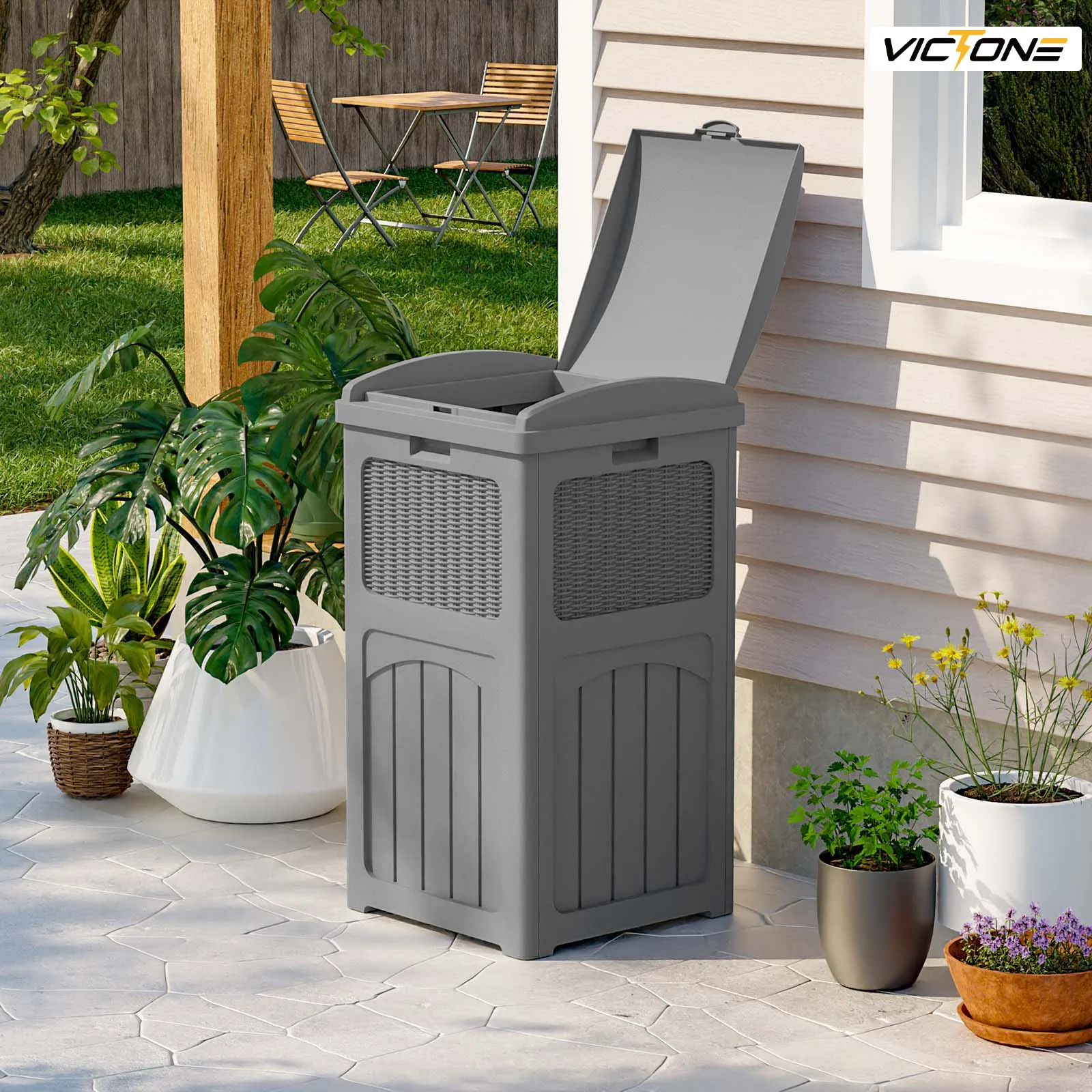 

Victone 36 Gallon Outdoor Trash Can, Resin Outdoor Garbage Can with Lid for Patio, Backyard, Deck, Grey