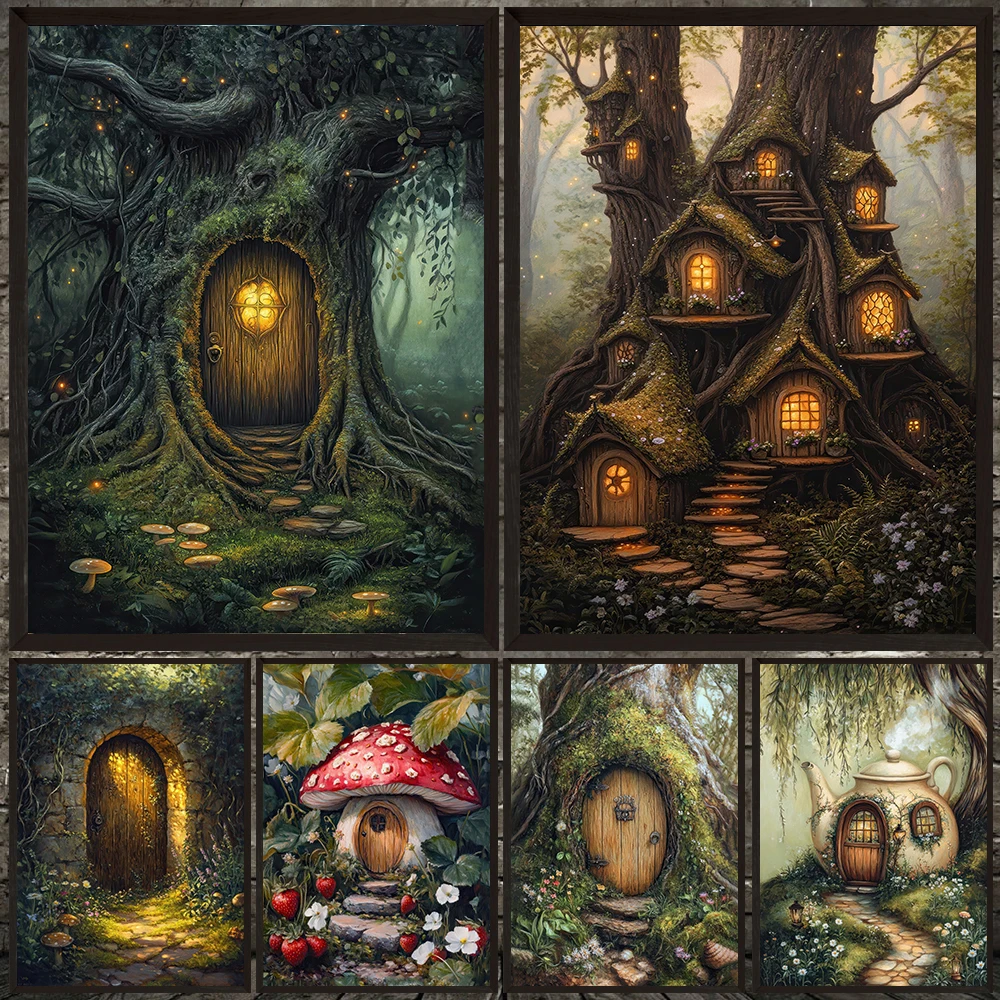 

Tiny Fairy House And Fairy Secret Garden Vintage Wall Art Canvas Painting,Whimsical Fantasy Wall Art Secret Garden Home Decor