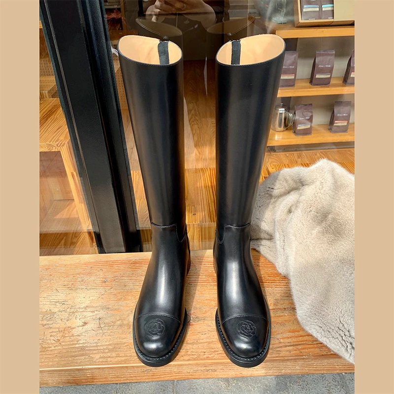 Women Pu Leather Thigh High Boots Thick Sole Shoes Black Winter Long  Round Toe Zipper Knee-high Square Heel Botas Mujer