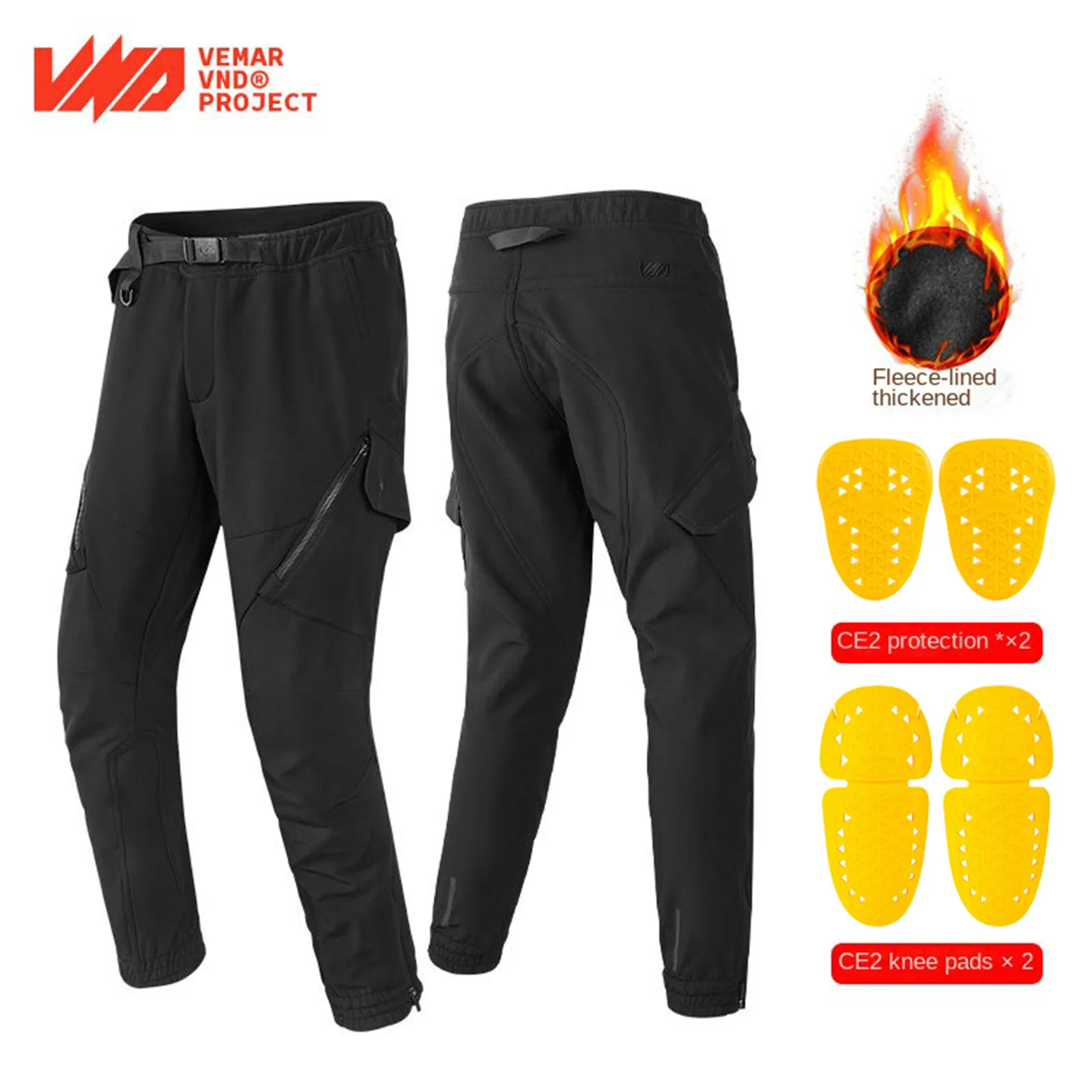 Men Winter Motorcycle Riding Pants, Windproof Waterproof Fleece Lined CE Level 2 Armor Anti-fall Moto Cargo Trousers