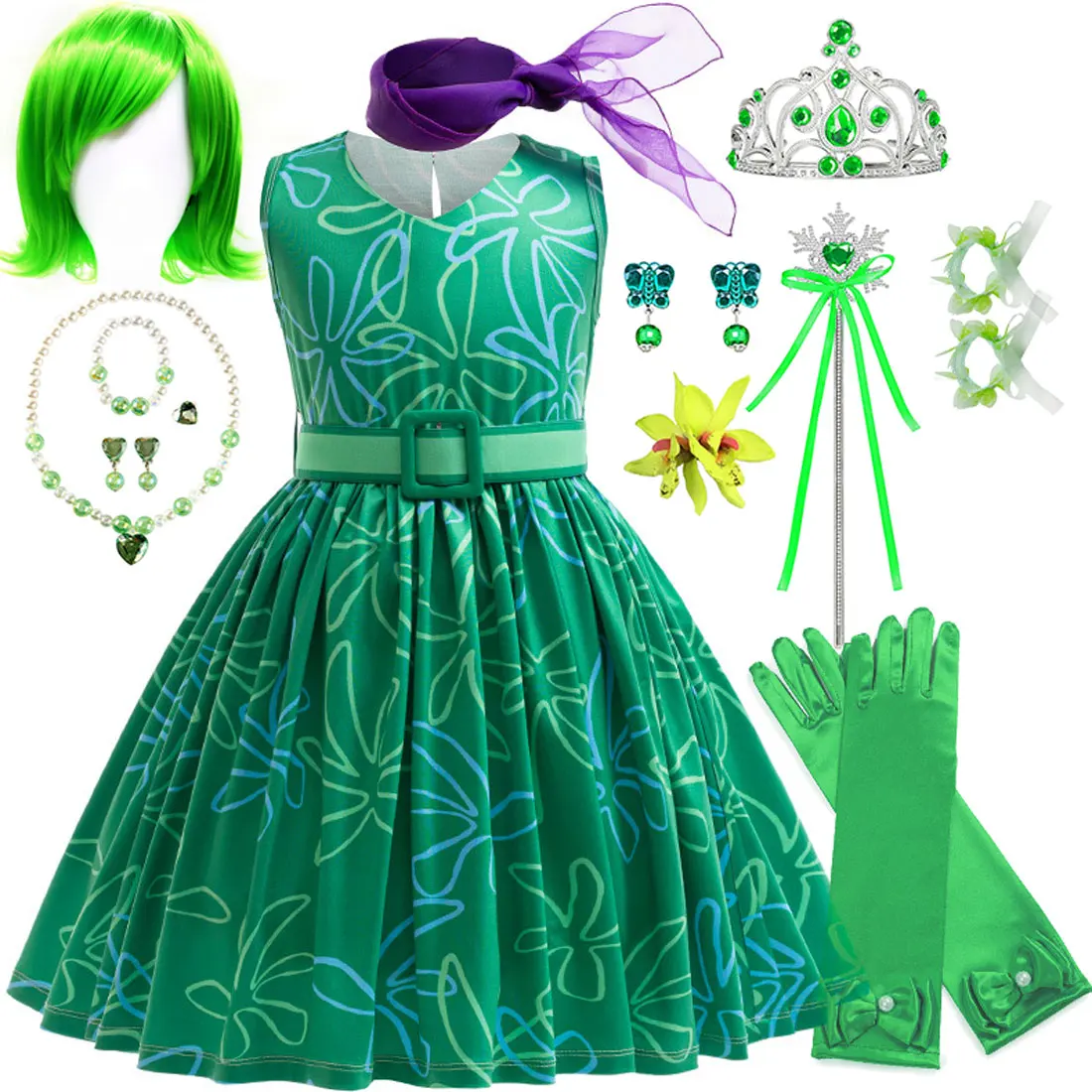 Disney Inside Out 2 Disgust Cosplay-Kostüm für Kinder, Cartoon-Prinzessin, grünes Kleid + Zubehör, Mädchen-Geburtstags-Karneval-Party-Kleidung