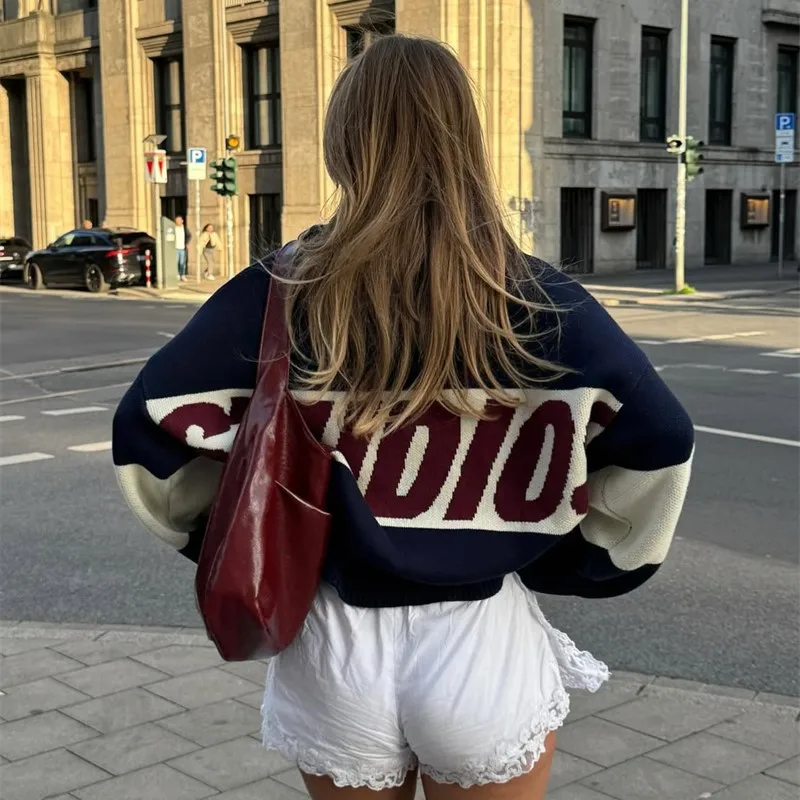 الرجعية المتناثرة تقسم بسيطة سستة سترة متماسكة سترة أزياء عارضة سترة الرجال Y2k إلكتروني التطريز ملابس النساء أعلى #4