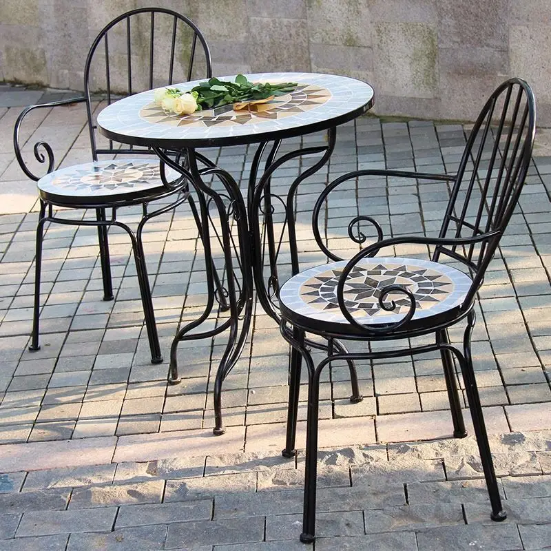 Balcony Outdoor Furniture European Style Wrought Iron Mosaic Table And Chair Three-Piece Coffee Table And Chair Set