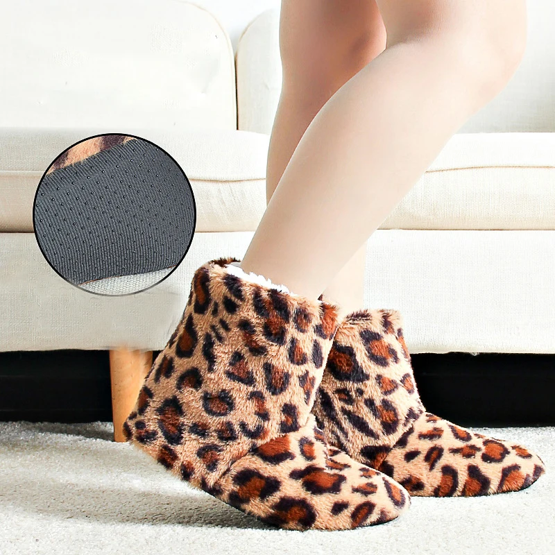 Women Plush Leopard Home Slippers Boots Winter Warm Indoor Thickened Shoes Mid-calf Non Slip Female Floor Shoes Christmas Gifts