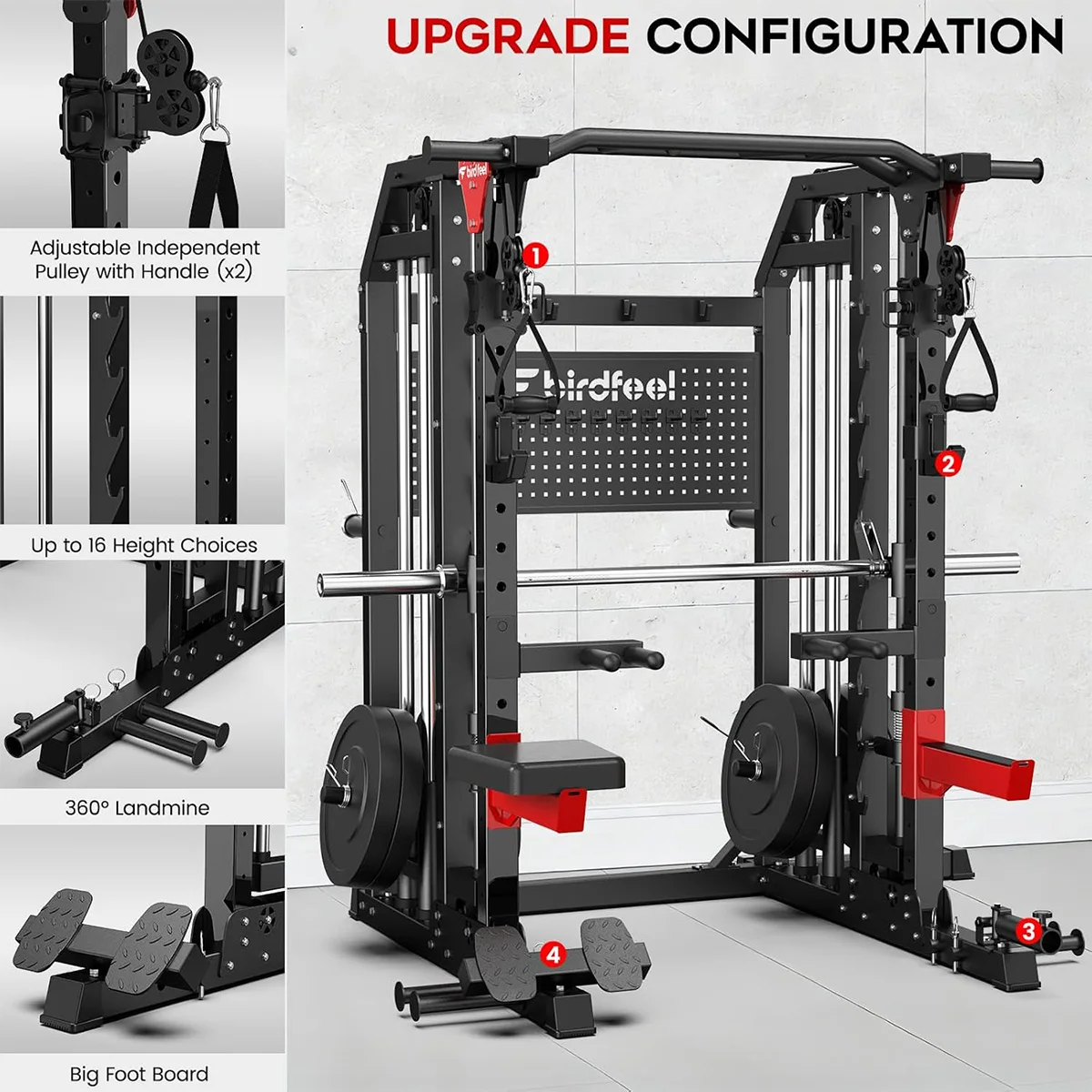 Pooboo Multi-Function 2000LB Power Cage Smith Machine, Dual Pulley Cable Crossover | Home Gym Squat Rack Featuring LAT Pulldown & Strength Training Attachments, Pegboard