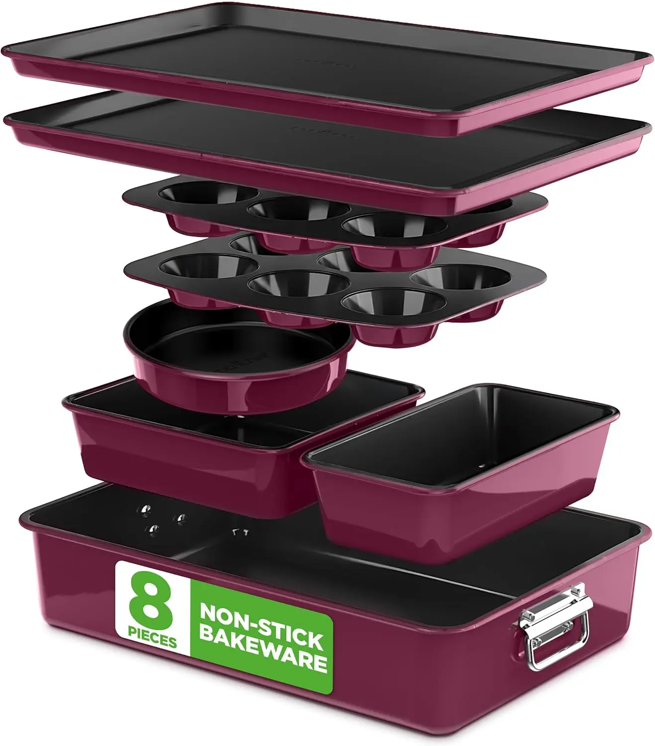

8-Piece Nonstick Bakeware Set, Oven Safe to 450°F, Stackable for Easy Storage - Cake, Muffin, Loaf Pans Included