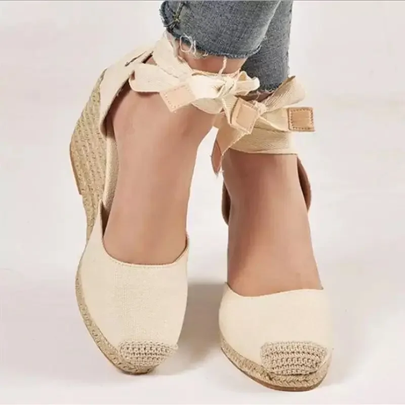 Sandalias de Esparto con Tira al Tobillo para Mujer, Zapatillas Casuales de Cuña para Dama, Zapatos de Lona de Lino, Sandalias de Plataforma