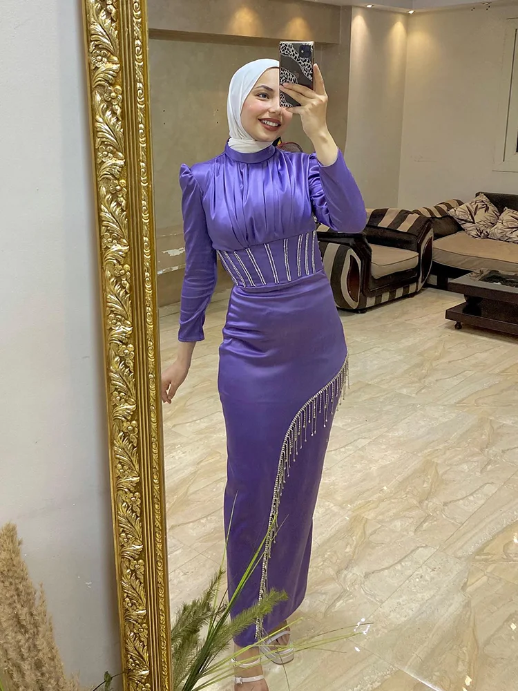 Jirocum Mermaid Long Sleeve Muslim Prom Gown Women\'s Round Neck Tassel Evening Gowns Elegant Removable Special Occasion Dresses