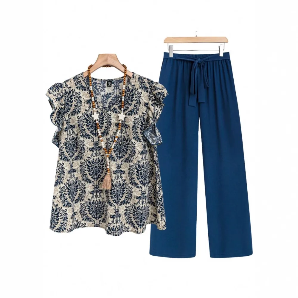 

Модный топ, широкие брюки, комплект из двух предметов, 2025 г., свободная футболка с рюшами и принтом, однотонный пояс, однотонные брюки, комплект для женщин