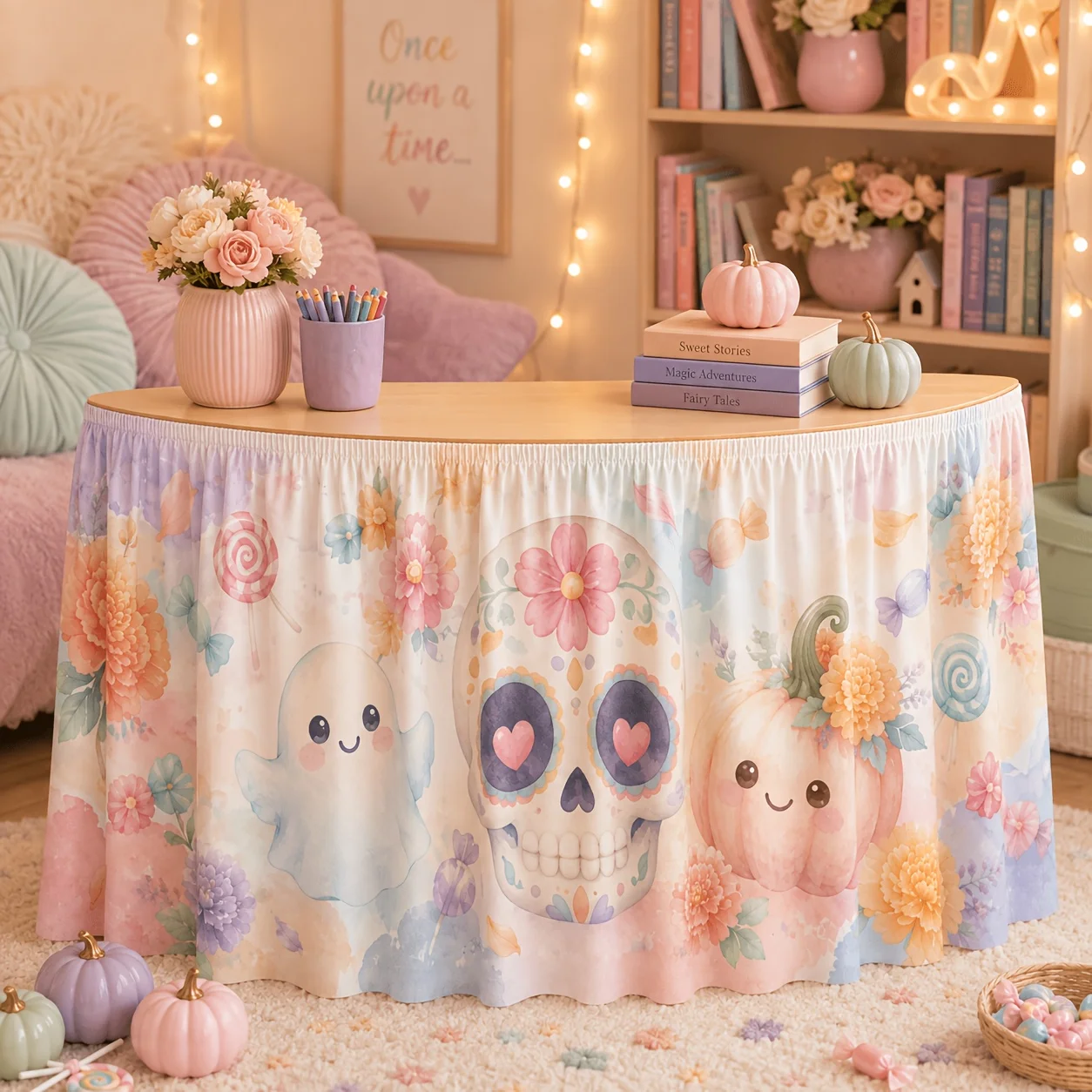 1 tablecloth table skirt, watercolor sugar skull ghost pumpkin sunflower candy pastel background
