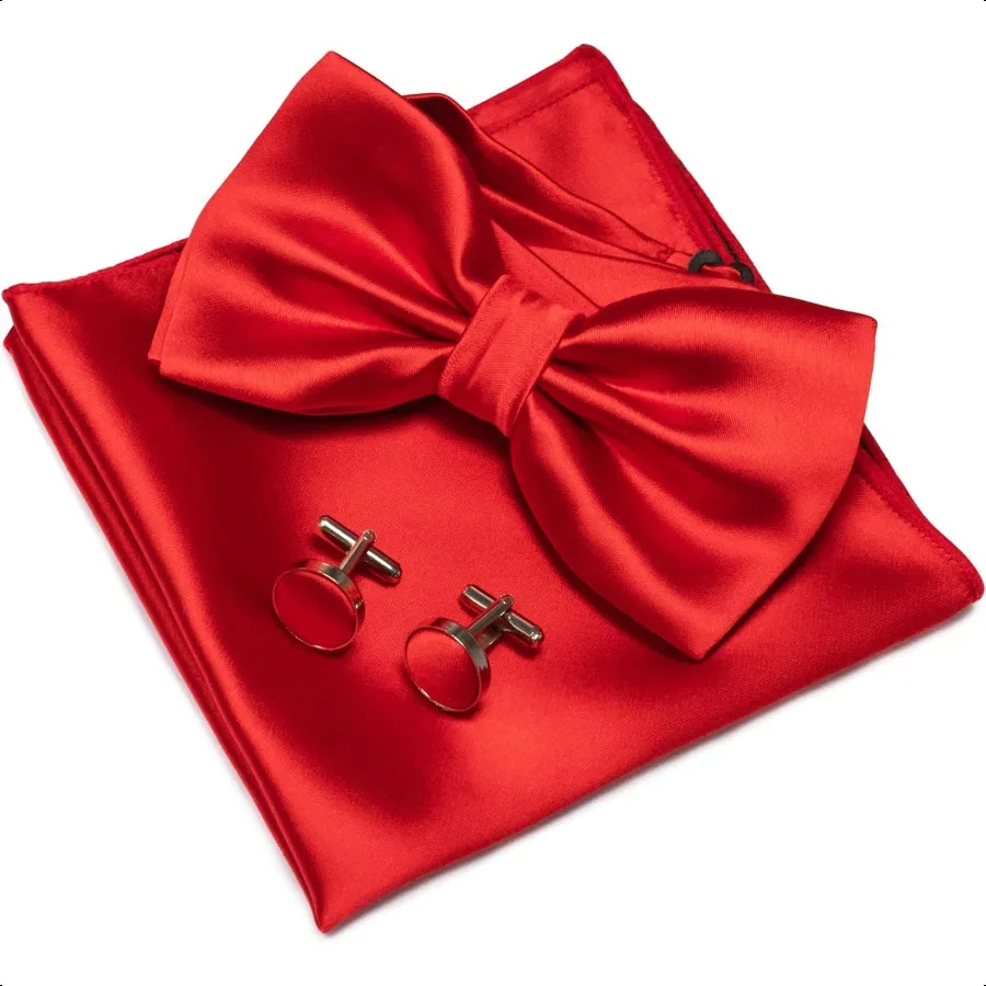 

Solid Color mens Pretied Bow Tie and Pocket Square Cufflinks Sets with Gift Box