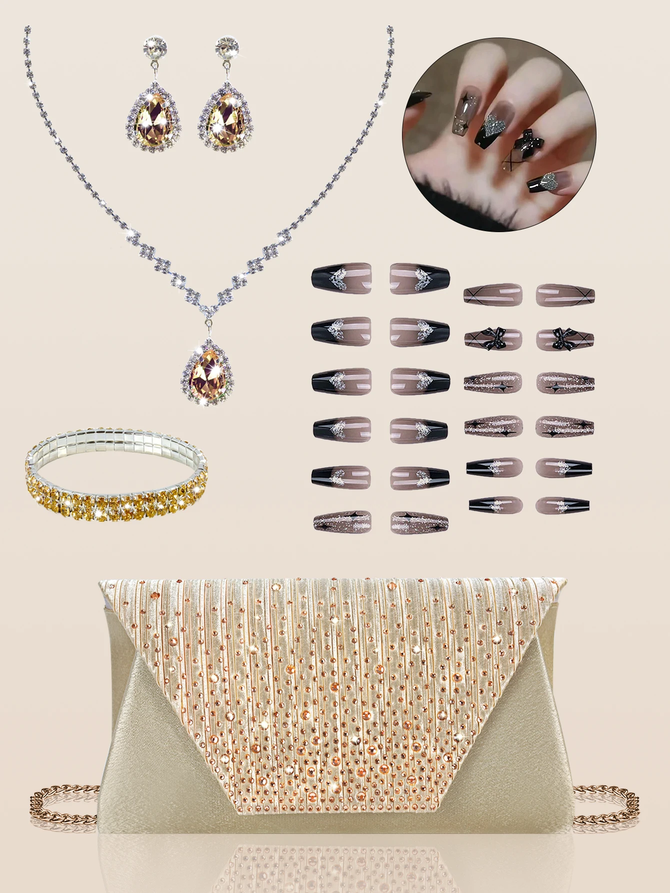 

A shiny, luxurious and elegant women's clutch, paired with a gorgeous cool girl bow nail art and a glittering jewelry set.