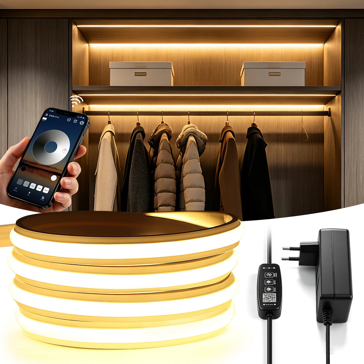 10m 5m 3m Neon Strip Light Waterproof 24V COB Kitchen Cabinet Lighting APP Remote Control ON Off Adjustable Brightness,Timer