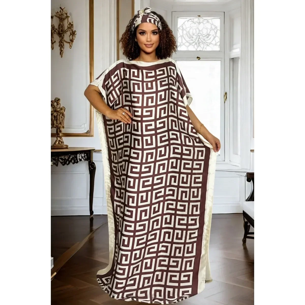 قميص أنيق بغطاء بنمط هندسي كبير الحجم مع وشاح متطابق لجميع المواسم #5