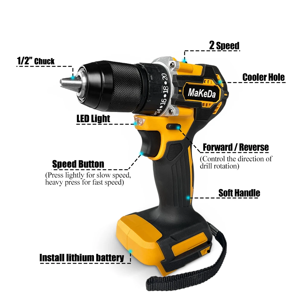 Cordless Drill 20V Brushless Rechargeable Lithium Battery 1/2'' Aperture Screwdriver Power Tool Industrial Professional Drill