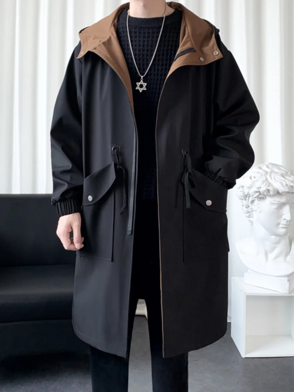 

Briti Sle Men's Mid-Length Hooded Jaet Autumn Winter New Faion Casual Wear Comfortable Fit Zipper Decoration Windbreaker