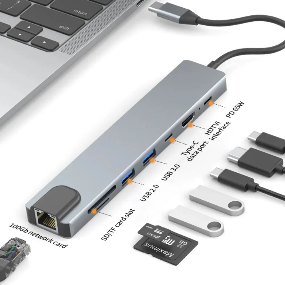 Laptop Docking Station Dual Monitor 4K@30Hz, 8 in 1 USB C Hub with HDMI, 100Mbps, 65W PD, 2 USB, SD Card Reader, USB C Dock Comp