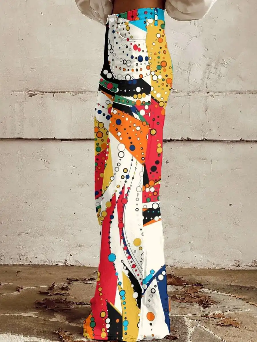

Abstract Pattern Womens Flare Jeans Colorful Dots Swirls Summer Casual Plus Size