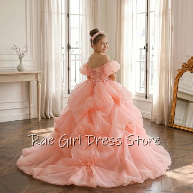 Pink Girls Birthday Princess Dress Puffy Gown with Long Train for Host Piano Performance Fashion Show Pageant Formal Celebration