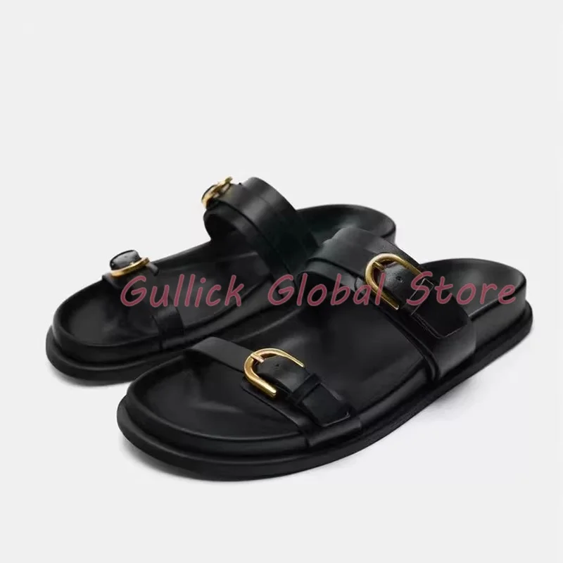 

2024 New Arrival Slides Round Toe Buckle Decoration Shallow Flat Slipper Summer Concise Dress Casual Outside Breathable Soft