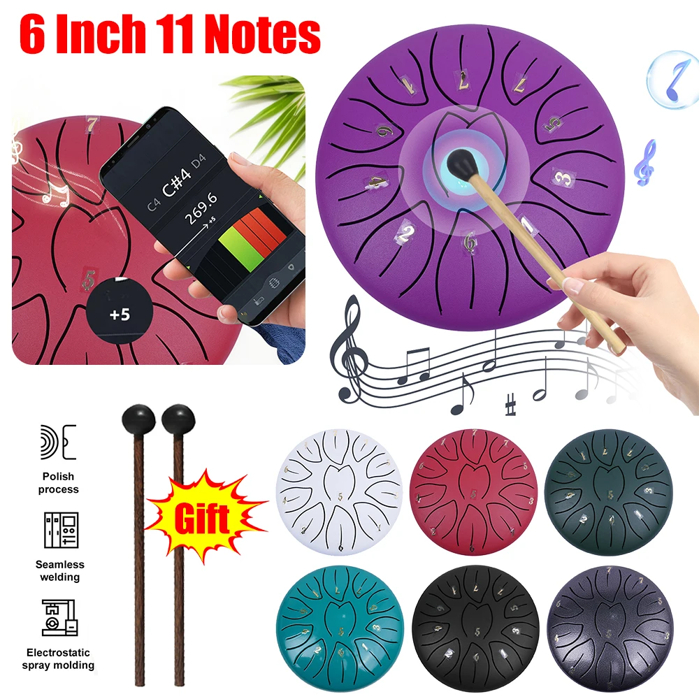 6 Inch 11 Notes Steel Tongue Drum Percussion Instruments Rain Drum Instrument for Entertainment Meditation Yoga Zen Gifts