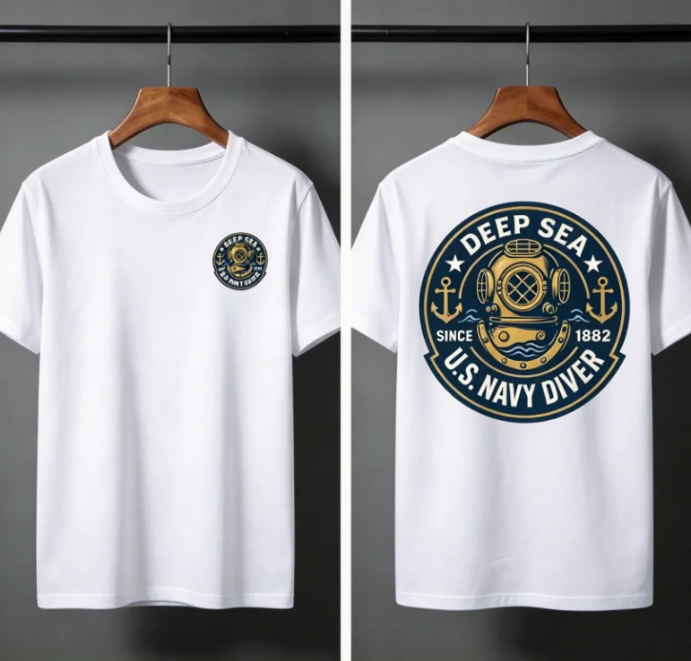 2026 new Front‑Back Navy Diver Badge Graphic Print High‑Quality Comfort Loose Vintage Military‑Style Short‑Sleeve Tee