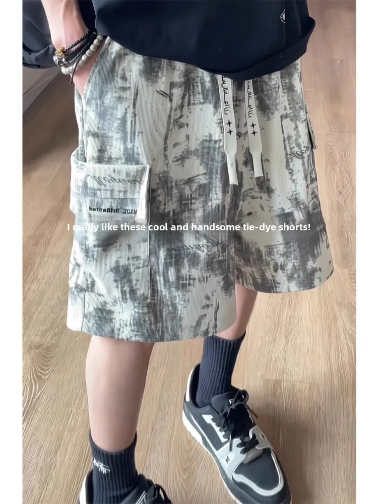 

Американская окрашенная рабочая одежда orts, мужские летние новые вышитые повседневные спортивные свободные прямые брюки длиной пять четвертей с вышивкой