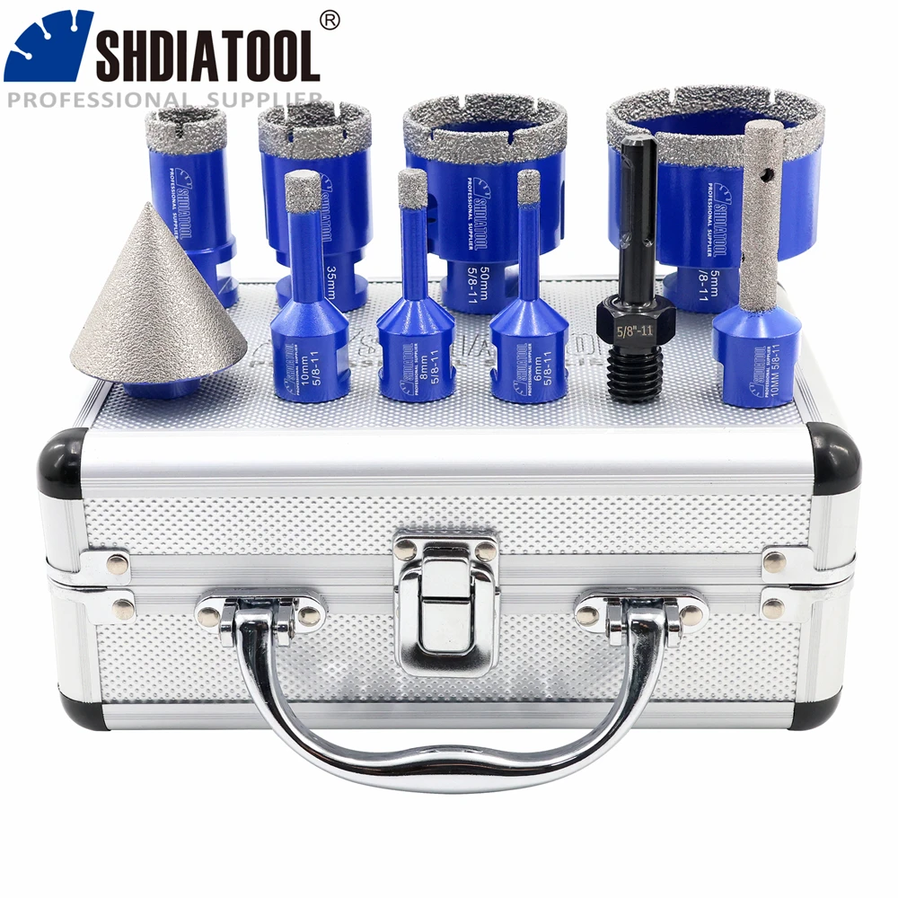 

Набор алмазных сверл SHDIATOOL, 10 шт., диаметр 6-65 мм, корончатые сверла + фреза для снятия фаски 50 мм + фреза 10 мм + адаптер SDS, набор инструментов для керамики