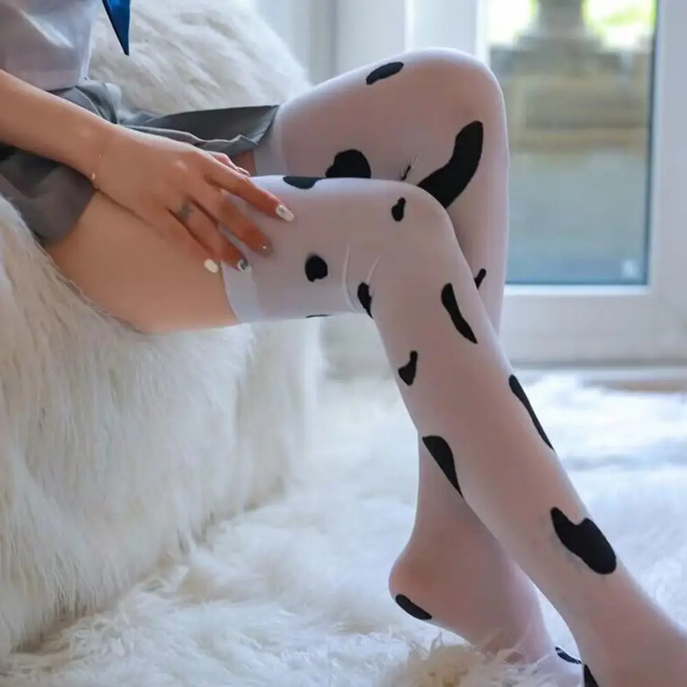 

Chic Women Long Socks Cow Spot Print Comfortable Stretch Cosplay Role Play Stockings See-through Stockings Women Garment