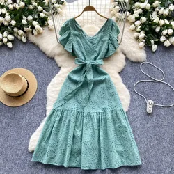 Vintage Elegant Flying sleeve embroidery cut out Bandage sweet Dress Women basics Fashion summer Spring dresse