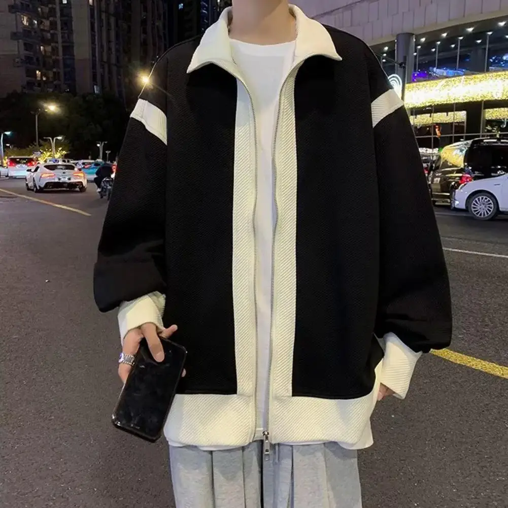 

Men Fall Winter Coat Colorblock Stand Collar Slant Striped Texture Zipper Closure Cardigan Sleeve Loose Mid Length Men Jacket