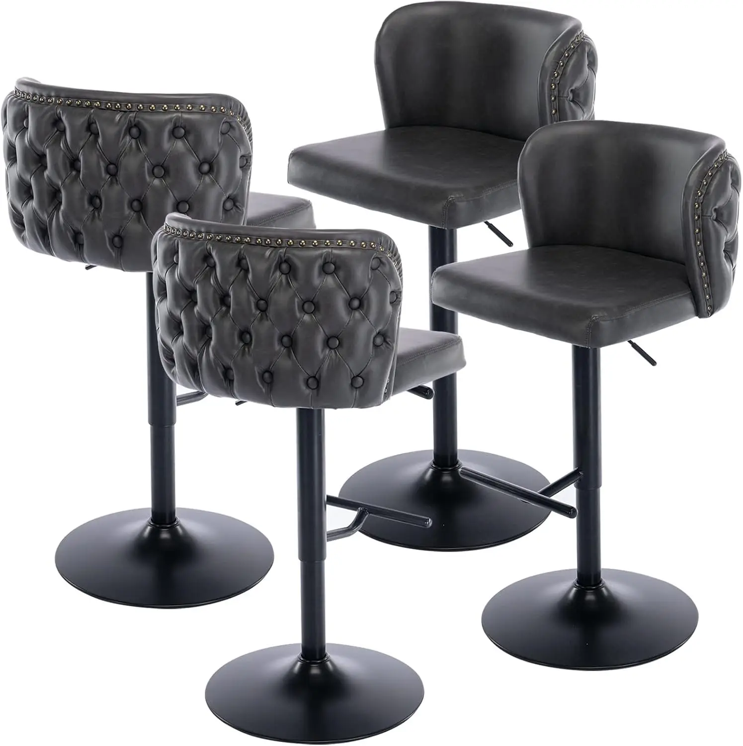 Bar Stools Set of 4，PU Upholstered Swivel Counter Height Bar Stools，Modern Adjustable High Barstools with Backs Metal