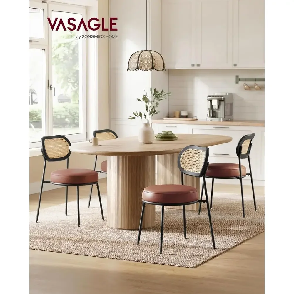 Cushion detail and material grain of Kanso Woven Rattan Leather Dining Chair Set