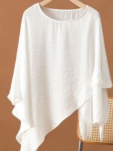 

plus Size Loose Fit round Neck Batwing Sleeve Slimming Top Women's Summer New Style Fashionable T-Shirt Asymmetrical Design