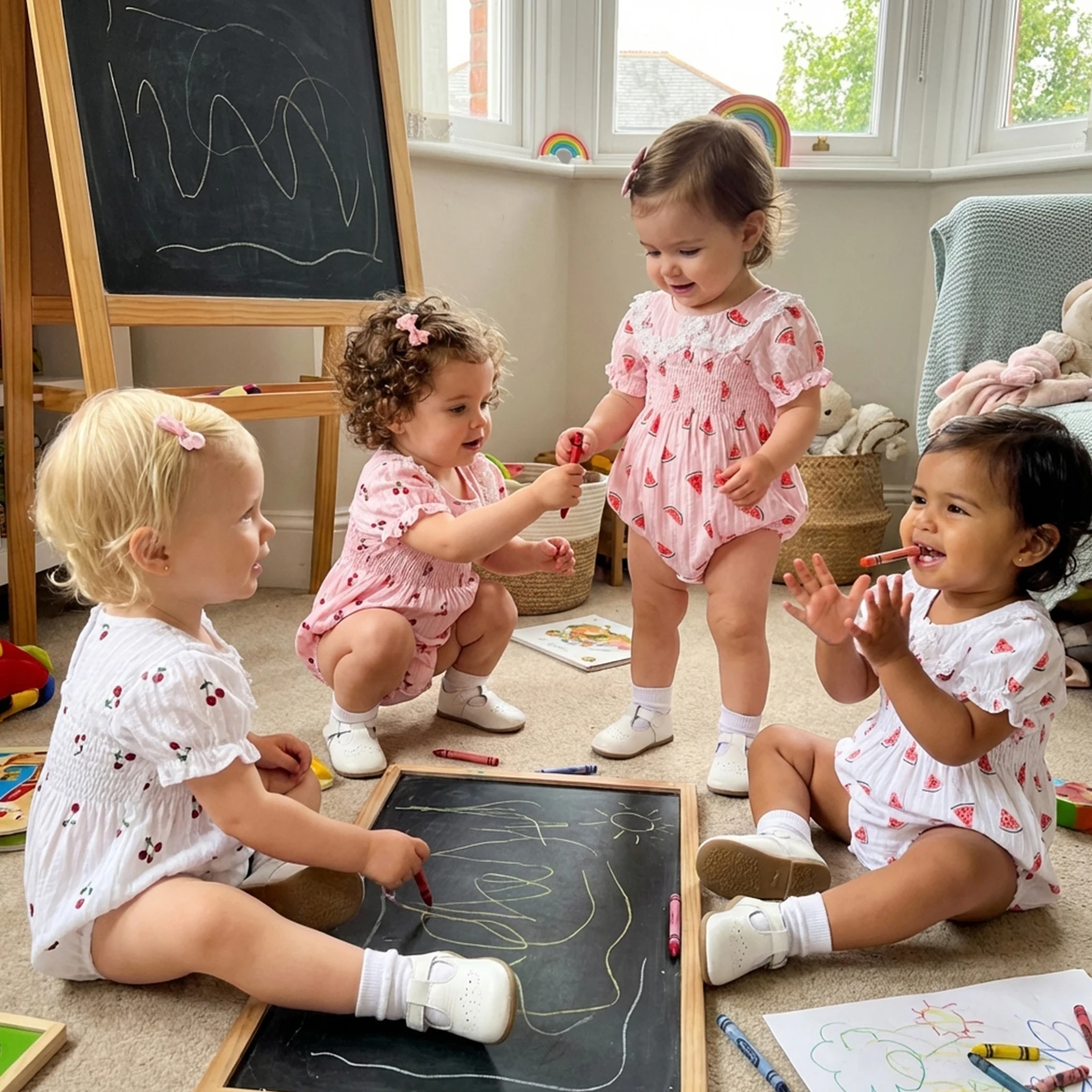 Newborn Baby Girls Cute Summer Bodysuit Lovely Cherry Watermelon Print Short Sleeve Hollow Out Floral Doll Collar Romper