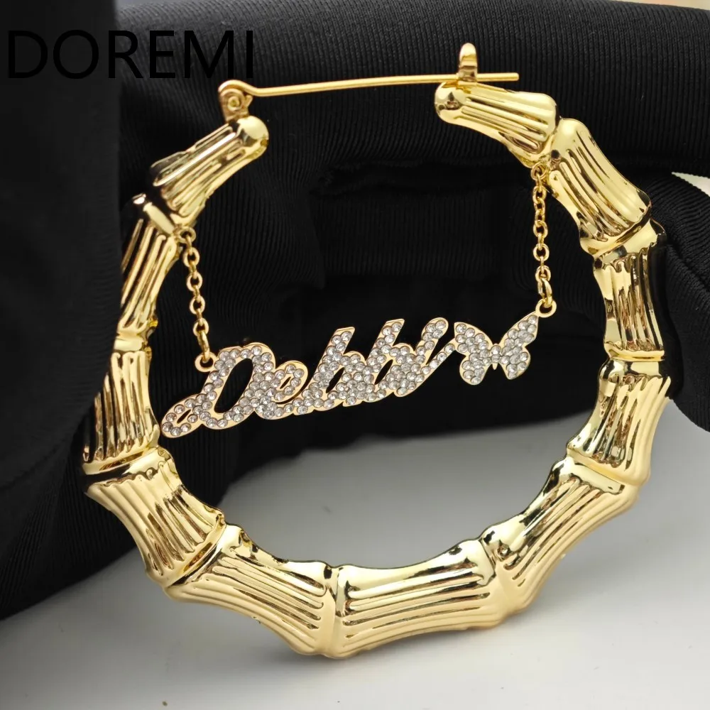 DOREMI Stainless Steel Personalized Gift Jewelry Design for MOM Crystal Cz Names Hang Pendant Bamboo Earring Hoop