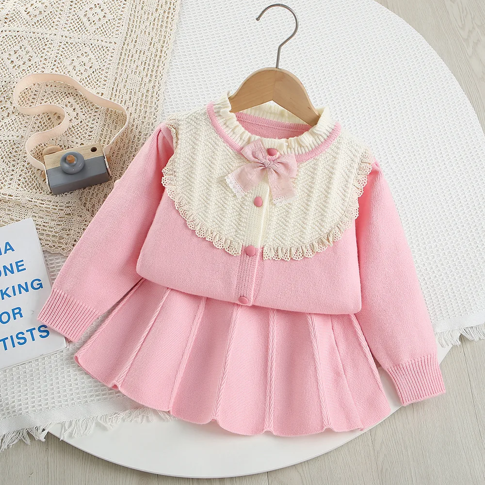 Autumn Winter Knitted Clothes Sets For Children Princess Dress Up Fashion Lace Tops+Skirt 2PCS Suits Kids Girls Sweater Clothing