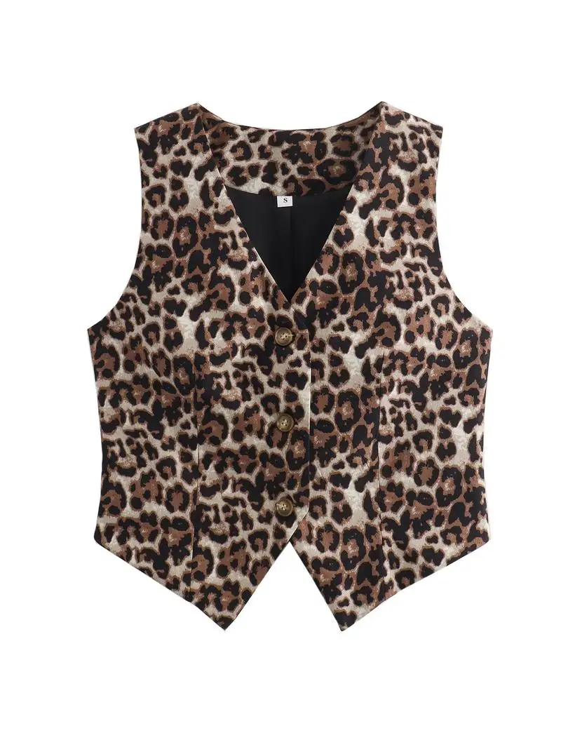

Slimming Effect V-Ne Leopard Print Tank Top Street Sle Faion Summer 2024 Single Button Closure Regular Length