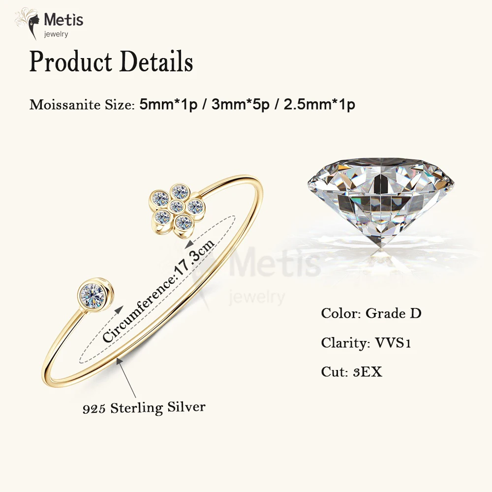 Metis 5 مللي متر 0.5CT D VVS1 مويسانيتي الإسورة الكفة ريال 925 فضة سوار للنساء افتتاح اليد الأصفاد غرامة مجوهرات هدايا