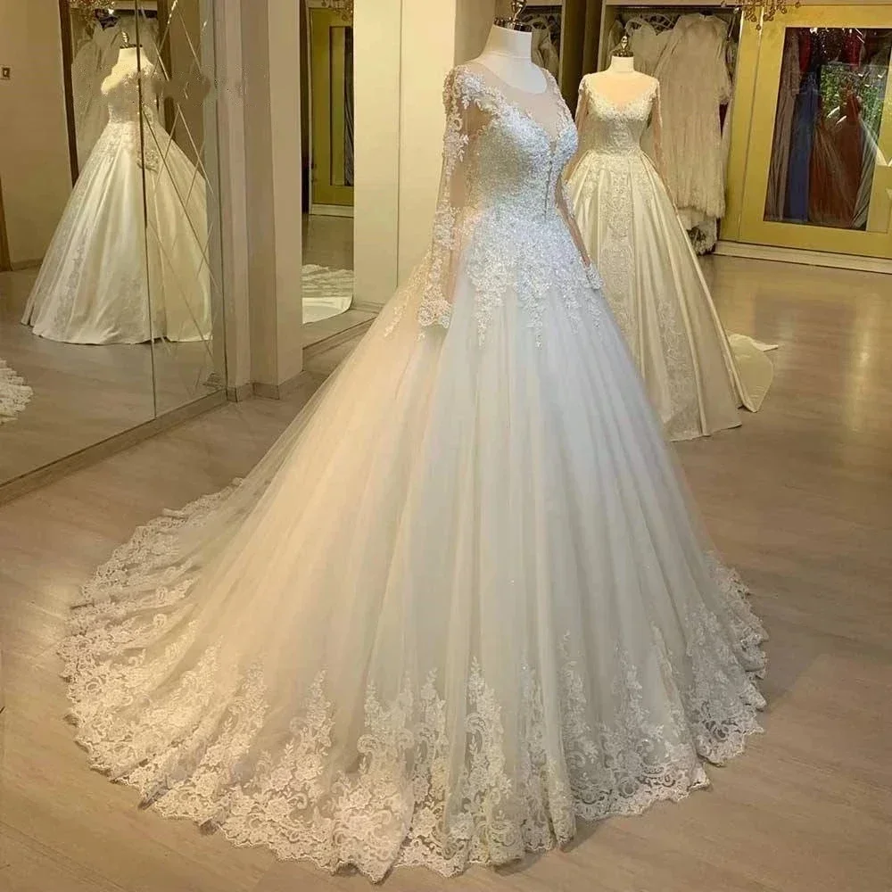 Maßgeschneidertes modisches Ballkleid-Hochzeitskleid mit langen Ärmeln, Vestidos De Noiva, Spitzenapplikationen, Sweep-Zug, formelles Brautkleid