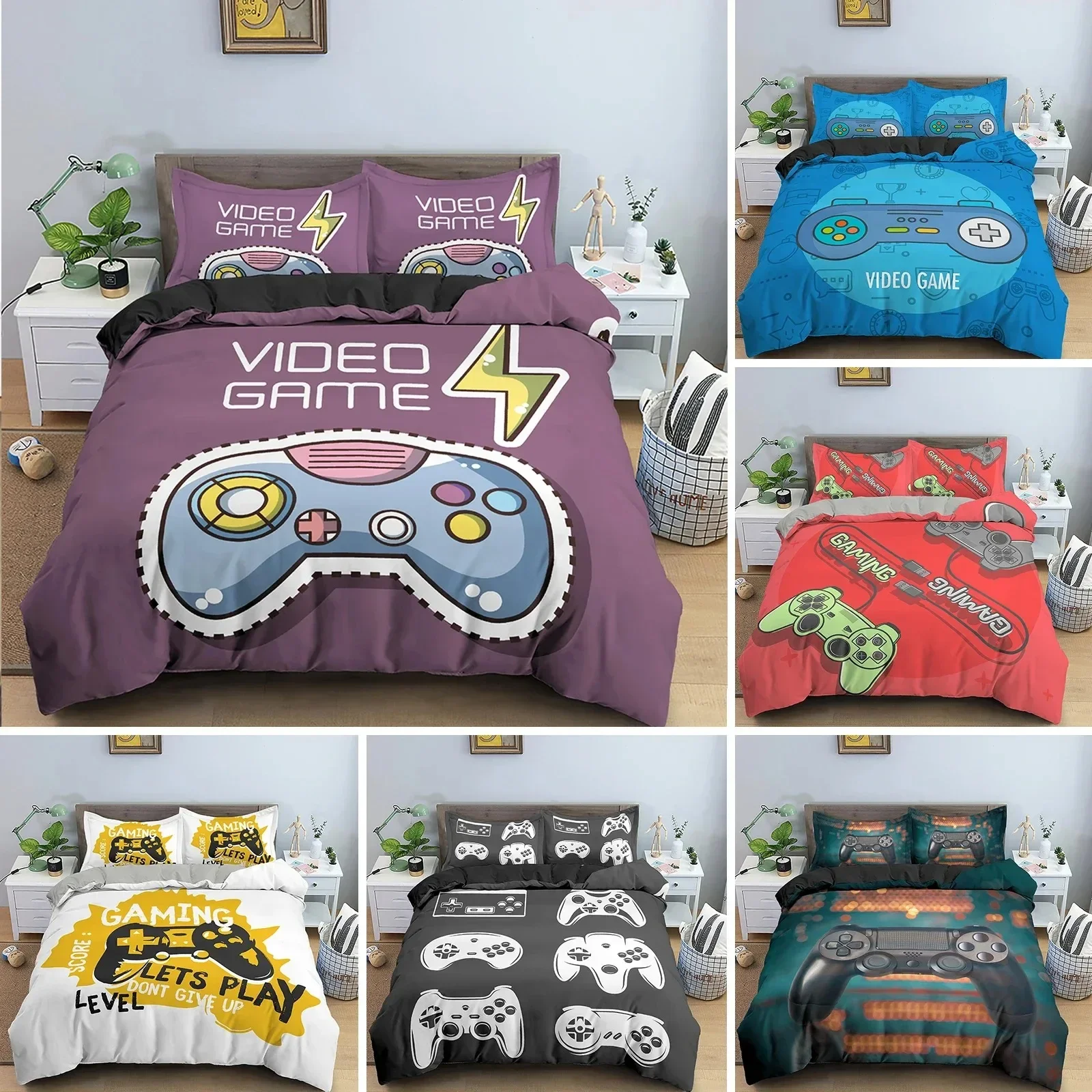 

Teens Video Games Comforter Duvet Cover King Gamepad Controller Bedding Set Youth Game Bedding Set 3D Polyester Quilt Cover