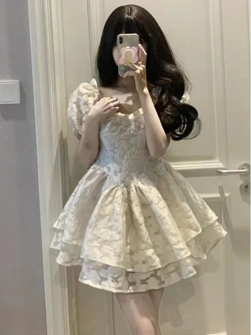 

Sweet and Fresh Square Neck Bubble Sleeves Spicy Girl Dress for Women's Summer Tightening Slimming Literary Princess Style FUKY