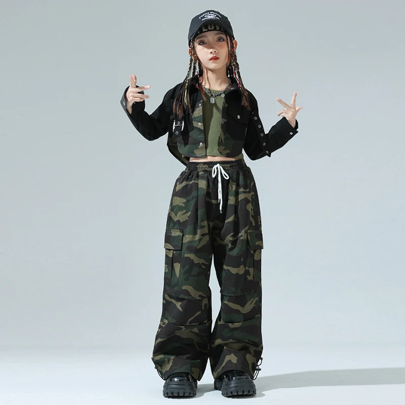 힙합 댄스 코스튬 소녀 재즈 케이팝 무대 의상, 위장 셔츠 바지, 패션 어린이 의류, 스트리트 댄스 의류, VDL1665
