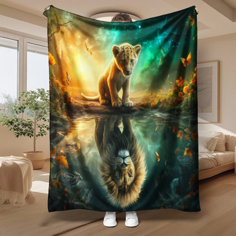 Lion Cub Reflection, Gift for Animal Lovers, Soft Cozy Blanket, Fantasy Forest Art, Multi-Purpose Home Decor, Warm Comfort